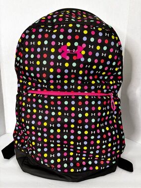 Under Armour Black Polka Dot Backpack with Multicolor Dots and Pink Logo